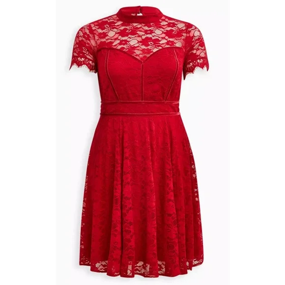 Torrid Mock Neck Fit & Flare Mini Dress Lace Jester Red Velvet Trim Plus Size 26 - Picture 15 of 16